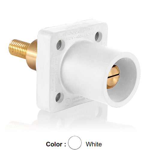 Leviton 16R31-XW, 16 Series Single Pole Cam-Type Male Panel Mount Receptacle, Industrial Grade, 90-Degree, 1.25'' Length Threaded Stud Termination, 0.75'' Extended Shoulder, #2 - 4/0 AWG, 400 Amp Max, White