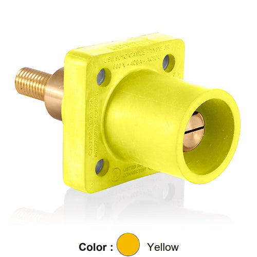 Leviton 16R31-XY, 16 Series Single Pole Cam-Type Male Panel Mount Receptacle, Industrial Grade, 90-Degree, 1.25'' Length Threaded Stud Termination, 0.75'' Extended Shoulder, #2 - 4/0 AWG, 400 Amp Max, Yellow