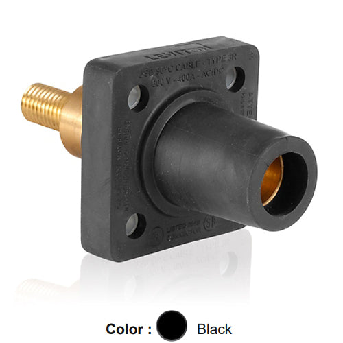 Leviton 16R32-XE, 16 Series Single Pole Cam-Type Female Panel Mount Receptacle, Industrial Grade, 90-Degree, 1.25'' Length Threaded Stud Termination, 0.75'' Extended Shoulder, #2 - 4/0 AWG, 400 Amp Max, Black