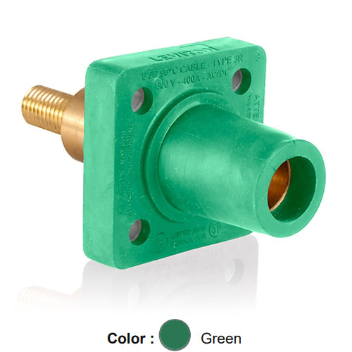 Leviton 16R32-XG 16 Series Single Pole Cam-Type Female Panel Mount Receptacle, Industrial Grade, 90-Degree, 1.25'' Length Threaded Stud Termination, 0.75'' Extended Shoulder, #2 - 4/0 AWG, 400 Amp Max, Green