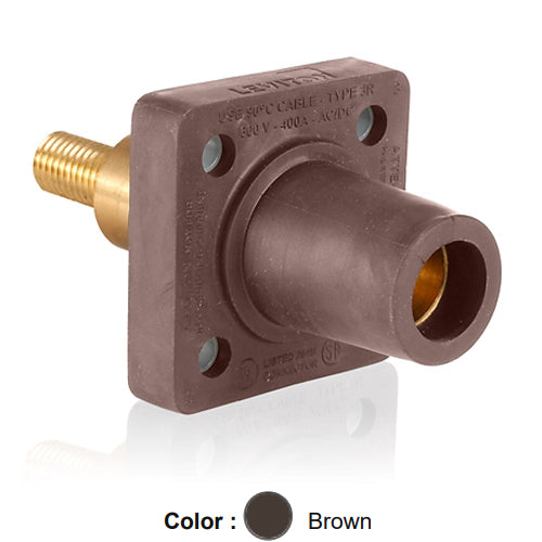 Leviton 16R32-XH, 16 Series Single Pole Cam-Type Female Panel Mount Receptacle, Industrial Grade, 90-Degree, 1.25'' Length Threaded Stud Termination, 0.75'' Extended Shoulder, #2 - 4/0 AWG, 400 Amp Max, Brown