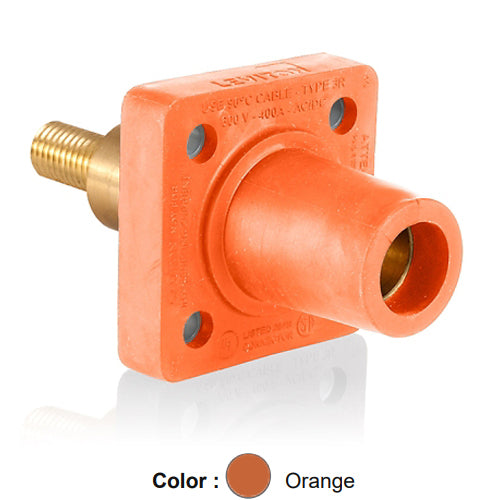 Leviton 16R32-XO, 16 Series Single Pole Cam-Type Female Panel Mount Receptacle, Industrial Grade, 90-Degree, 1.25'' Length Threaded Stud Termination, 0.75'' Extended Shoulder, #2 - 4/0 AWG, 400 Amp Max, Orange