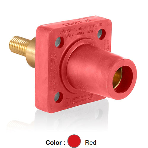 Leviton 16R32-XR, 16 Series Single Pole Cam-Type Female Panel Mount Receptacle, Industrial Grade, 90-Degree, 1.25'' Length Threaded Stud Termination, 0.75'' Extended Shoulder, #2 - 4/0 AWG, 400 Amp Max, Red