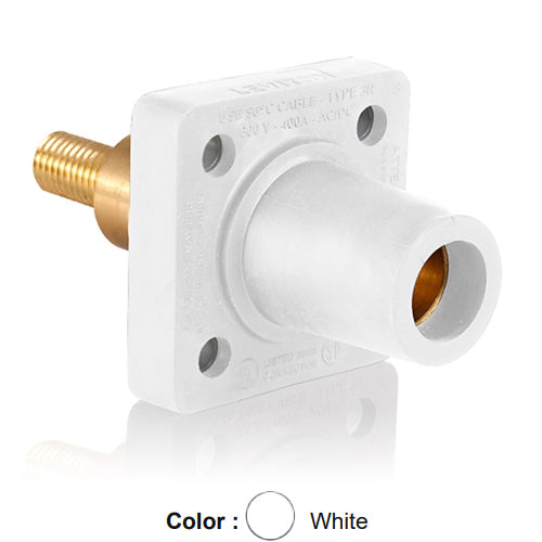 Leviton 16R32-XW, 16 Series Single Pole Cam-Type Female Panel Mount Receptacle, Industrial Grade, 90-Degree, 1.25'' Length Threaded Stud Termination, 0.75'' Extended Shoulder, #2 - 4/0 AWG, 400 Amp Max, White