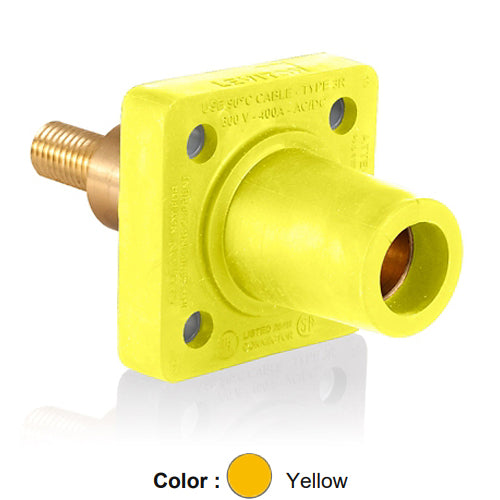 Leviton 16R32-XY, 16 Series Single Pole Cam-Type Female Panel Mount Receptacle, Industrial Grade, 90-Degree, 1.25'' Length Threaded Stud Termination, 0.75'' Extended Shoulder, #2 - 4/0 AWG, 400 Amp Max, Yellow