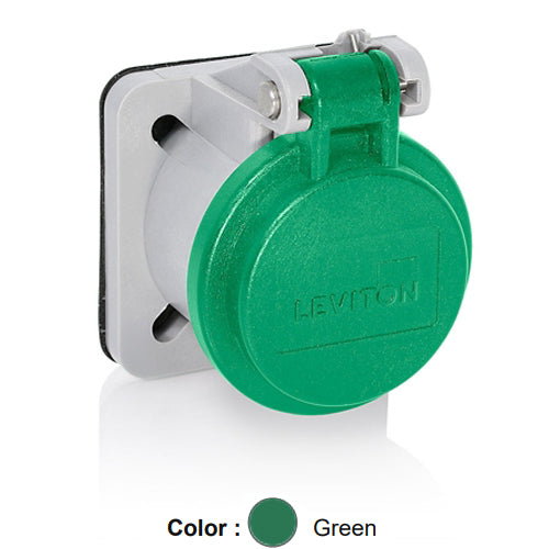 Leviton 16S31-UG, 16 Series Panel Receptacle Enclosure with Automatic Closing Lid, Male/Female, Thermoplastic Housing and Cover, Stainless Steel Torsion Spring, Green