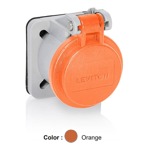 Leviton 16S31-UO, 16 Series Panel Receptacle Enclosure with Automatic Closing Lid, Male/Female, Thermoplastic Housing and Cover, Stainless Steel Torsion Spring, Orange
