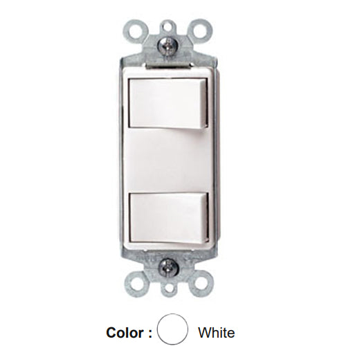 Leviton 1754-W, Decora Dual Rocker Combination Switch, Individual Switches 15A 120V / Device Total 20A 120V, Ground Screw Terminals and Push-in Wiring, White