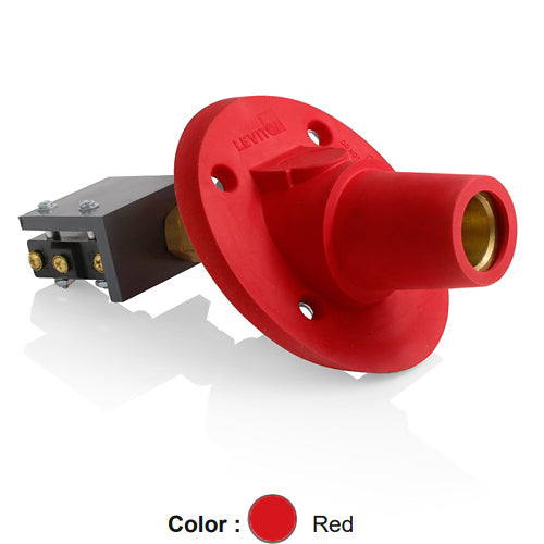 Leviton 17RSW-SR, 17 Series Single Pole Cam-Type Female Panel Mount Receptacle, Industrial Grade, 30 Degree Angle, Threaded Stud w/Microswitch Termination, 250-500 MCM Cable, 600 Amp Max, Red