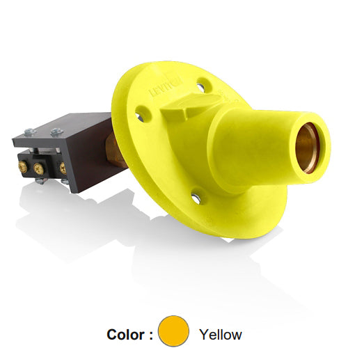 Leviton 17RSW-SY, 17 Series Single Pole Cam-Type Female Panel Mount Receptacle, Industrial Grade, 30 Degree Angle, Threaded Stud w/Microswitch Termination, 250-500 MCM Cable, 600 Amp Max, Yellow