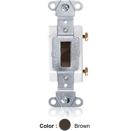 Leviton 18201-B, Standard Single-Pole Toggle Switch, Industrial Specification Grade, Canadian, 15A 347V AC, Non-Grounding, Back or Side Wire, Brown