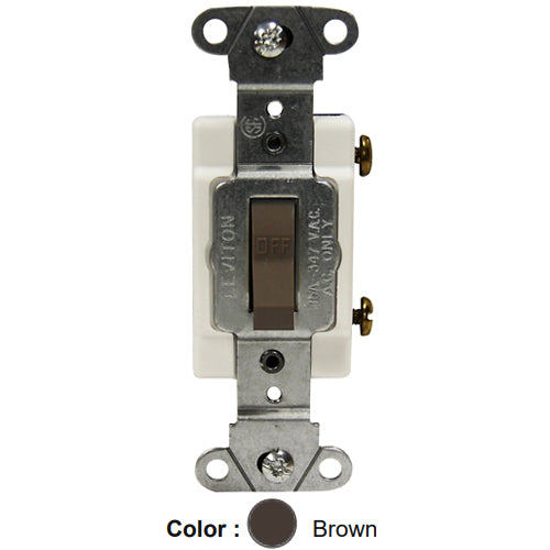 Leviton 18201-CB, Framed Single-Pole Toggle Switch, Commercial Specification Grade, Canadian, 15A 347V AC, Non-Grounding, Side Wire, Brown