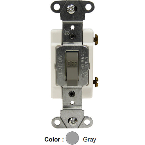 Leviton 18201-CG, Framed Single-Pole Toggle Switch, Commercial Specification Grade, Canadian, 15A 347V AC, Non-Grounding, Side Wire, Gray