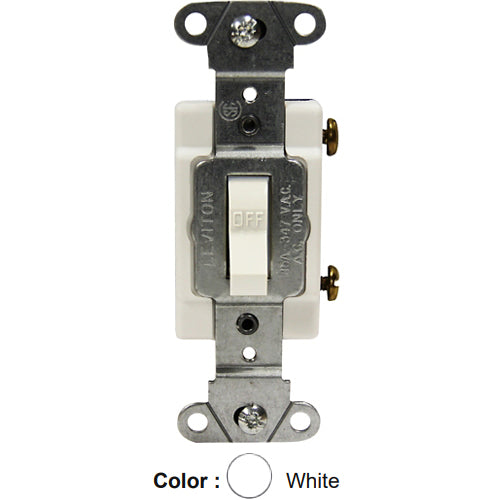 Leviton 18201-CW, Framed Single-Pole Toggle Switch, Commercial Specification Grade, Canadian, 15A 347V AC, Non-Grounding, Side Wire, White