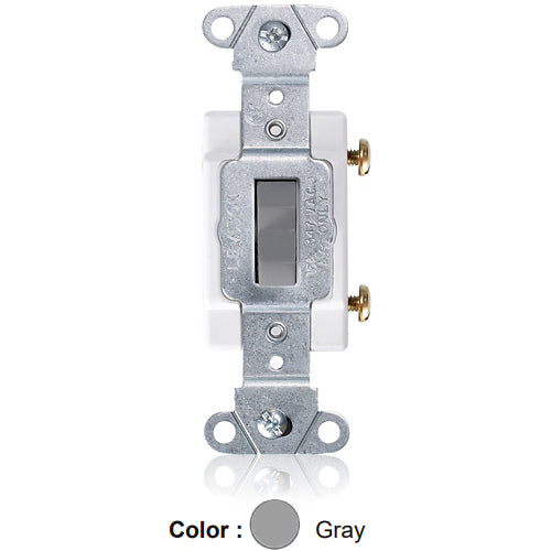 Leviton 18201-G, Standard Single-Pole Toggle Switch, Industrial Specification Grade, Canadian, 15A 347V AC, Non-Grounding, Back or Side Wire, Gray