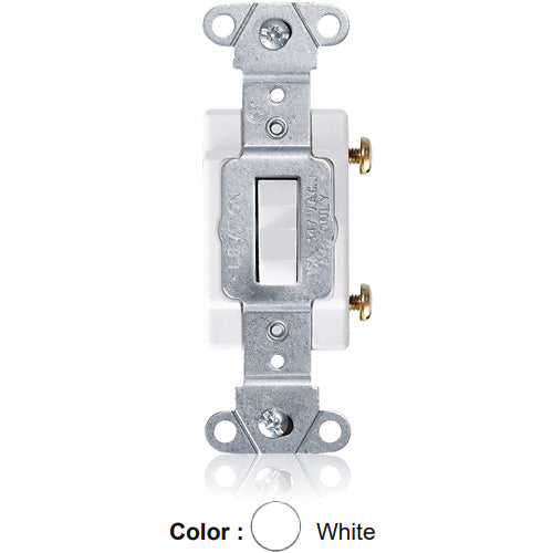 Leviton 18201-W, Standard Single-Pole Toggle Switch, Industrial Specification Grade, Canadian, 15A 347V AC, Non-Grounding, Back or Side Wire, White