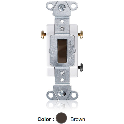 Leviton 18203-B, Standard 3-Way Toggle Switch, Industrial Specification Grade, Canadian, 15A 347V AC, Non-Grounding, Back or Side Wire, Brown