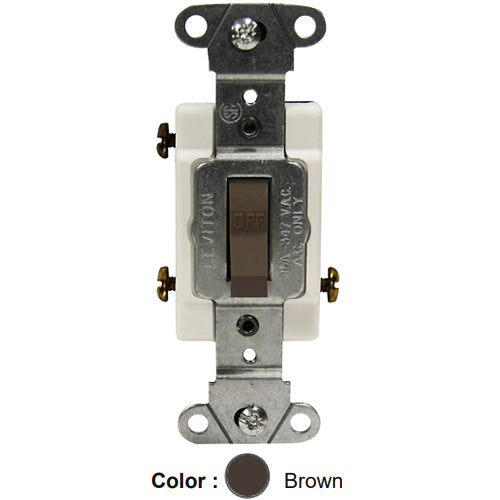Leviton 18203-CB, Framed 3-Way Toggle Switch, Commercial Specification Grade, Canadian, 15A 347V AC, Non-Grounding, Side Wire, Brown