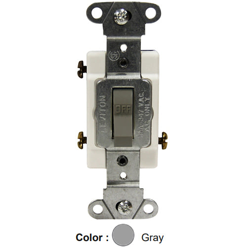 Leviton 18203-CG, Framed 3-Way Toggle Switch, Commercial Specification Grade, Canadian, 15A 347V AC, Non-Grounding, Side Wire, Gray