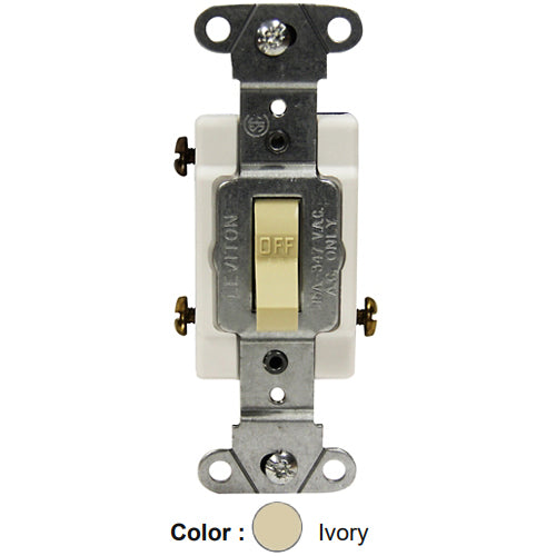 Leviton 18203-CI, Framed 3-Way Toggle Switch, Commercial Specification Grade, Canadian, 15A 347V AC, Non-Grounding, Side Wire, Ivory