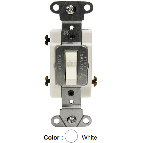 Leviton 18203-CW, Framed 3-Way Toggle Switch, Commercial Specification Grade, Canadian, 15A 347V AC, Non-Grounding, Side Wire, White