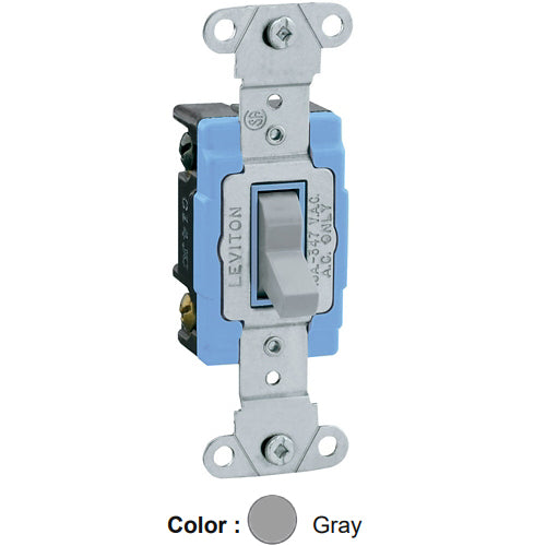 Leviton 18203-G, Standard 3-Way Toggle Switch, Industrial Specification Grade, Canadian, 15A 347V AC, Non-Grounding, Back or Side Wire, Gray