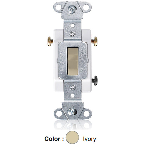 Leviton 18203-I, Standard 3-Way Toggle Switch, Industrial Specification Grade, Canadian, 15A 347V AC, Non-Grounding, Back or Side Wire, Ivory