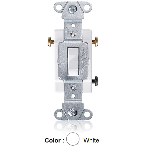 Leviton 18203-W, Standard 3-Way Toggle Switch, Industrial Specification Grade, Canadian, 15A 347V AC, Non-Grounding, Back or Side Wire, White