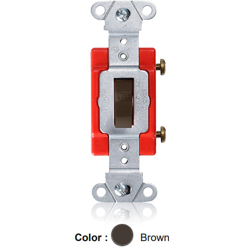Leviton 18221-B, Standard Single-Pole Toggle Switch, Industrial Specification Grade, Canadian, 20A 347V AC, Non-Grounding, Back or Side Wire, Brown