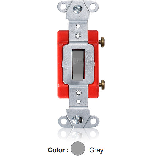 Leviton 18221-G, Standard Single-Pole Toggle Switch, Industrial Specification Grade, Canadian, 20A 347V AC, Non-Grounding, Back or Side Wire, Gray