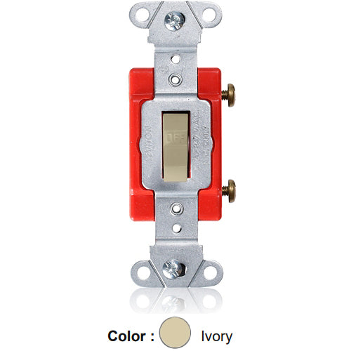 Leviton 18221-I, Standard Single-Pole Toggle Switch, Industrial Specification Grade, Canadian, 20A 347V AC, Non-Grounding, Back or Side Wire, Ivory