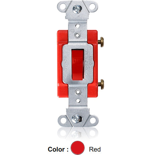 Leviton 18221-R, Standard Single-Pole Toggle Switch, Industrial Specification Grade, Canadian, 20A 347V AC, Non-Grounding, Back or Side Wire, Red