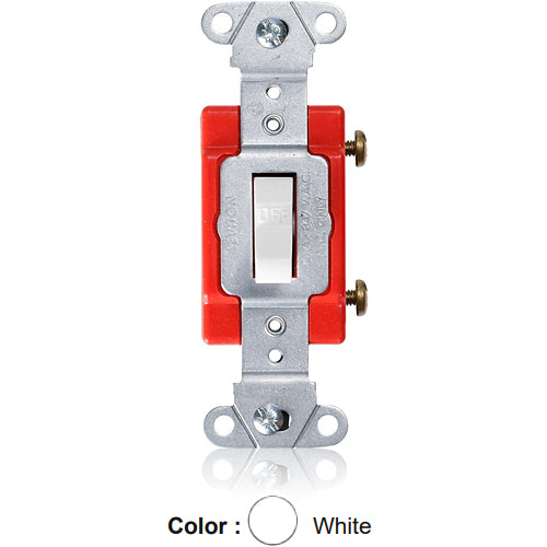 Leviton 18221-W, Standard Single-Pole Toggle Switch, Industrial Specification Grade, Canadian, 20A 347V AC, Non-Grounding, Back or Side Wire, White