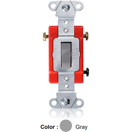 Leviton 18223-G, Standard 3-Way Toggle Switch, Industrial Specification Grade, Canadian, 20A 347V AC, Non-Grounding, Back or Side Wire, Gray