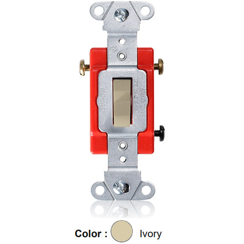 Leviton 18223-I, Standard 3-Way Toggle Switch, Industrial Specification Grade, Canadian, 20A 347V AC, Non-Grounding, Back or Side Wire, Ivory