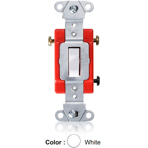 Leviton 18223-W, Standard 3-Way Toggle Switch, Industrial Specification Grade, Canadian, 20A 347V AC, Non-Grounding, Back or Side Wire, White