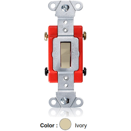 Leviton 18224-I, Standard 4-Way Toggle Switch, Industrial Specification Grade, Canadian, 20A 347V AC, Non-Grounding, Back or Side Wire, Ivory