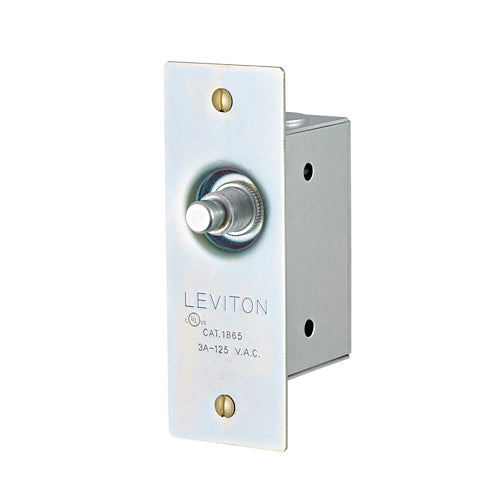 Leviton 1865, Single-Pole Push-Button Doorjamb Switch with Jamb Box, Single Circuit, Momentary, Metal Pushbutton, #18 AWG Leads, Mounting Screws and Cover Plate, NORMALLY ON, 3 Amp, 125 Volt