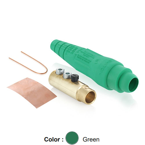 Leviton 18D33-UG, 18 Series Ball Nose Single Pole Cam-Type Female Plug, Detachable, Industrial Grade, Double Set Screw Termination, 2/0 - 4/0 AWG, 400 Amp Max, Green