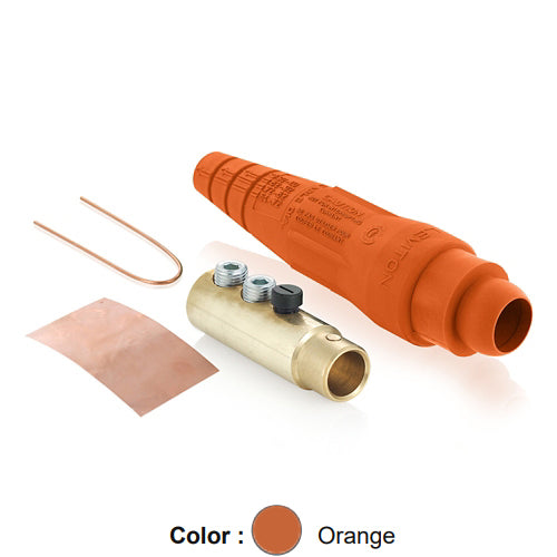 Leviton 18D33-UO, 18 Series Ball Nose Single Pole Cam-Type Female Plug, Detachable, Industrial Grade, Double Set Screw Termination, 2/0 - 4/0 AWG, 400 Amp Max, Orange