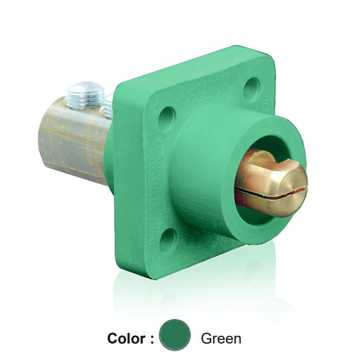 Leviton 18R23-UG, 18 Series Single Pole Cam-Type Male Panel Mount Receptacle, Industrial Grade, 90-Degree, Double Set Screw Termination, 2/0 - 4/0 AWG, 400 Amp Max, Green