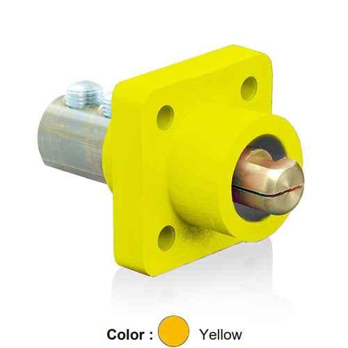 Leviton 18R23-UY, 18 Series Single Pole Cam-Type Male Panel Mount Receptacle, Industrial Grade, 90-Degree, Double Set Screw Termination, 2/0 - 4/0 AWG, 400 Amp Max, Yellow