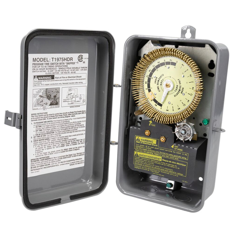 Intermatic T1975HDR, 24-Hour Heavy-Duty Metal Dial Mechanical Time Switch with Skip-a-Day, 125 VAC, 60Hz, SPDT, Outdoor Metal Enclosure, 15 Minute Interval