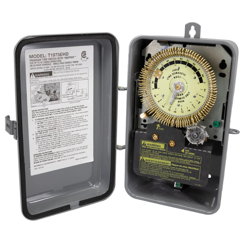 Intermatic T1975EHD, 24-Hour Heavy-Duty Metal Dial Mechanical Time Switch with Skip-a-Day, 480 VAC, 60Hz, SPDT, Indoor Metal Enclosure, 15 Minute Interval