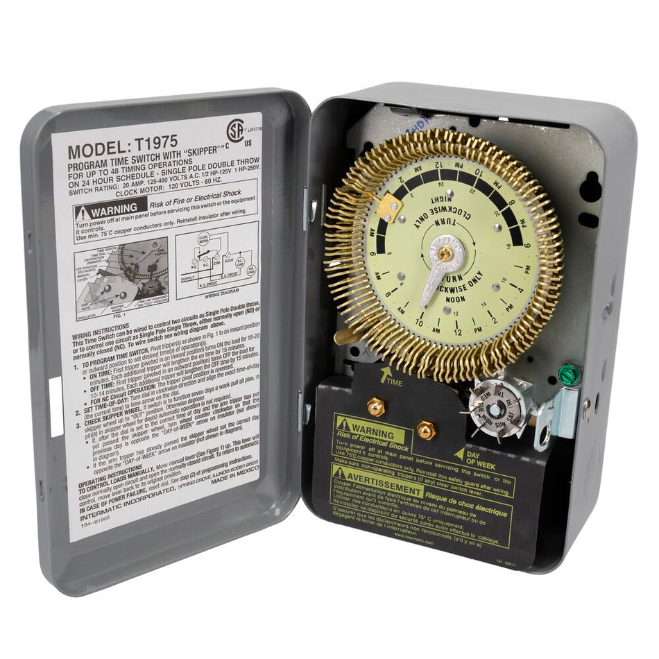 Intermatic T1975, 24-Hour Mechanical Time Switch with Skip-a-Day, 125 VAC, 60Hz, SPDT, Indoor Metal Enclosure, 15 Minute Interval
