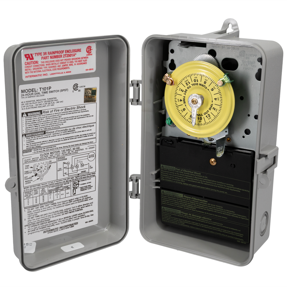 Intermatic T101P, 24-Hour Mechanical Time Switch, 120 VAC, 60Hz, SPST, Indoor/Outdoor Plastic Enclosure, 1 Hour Interval