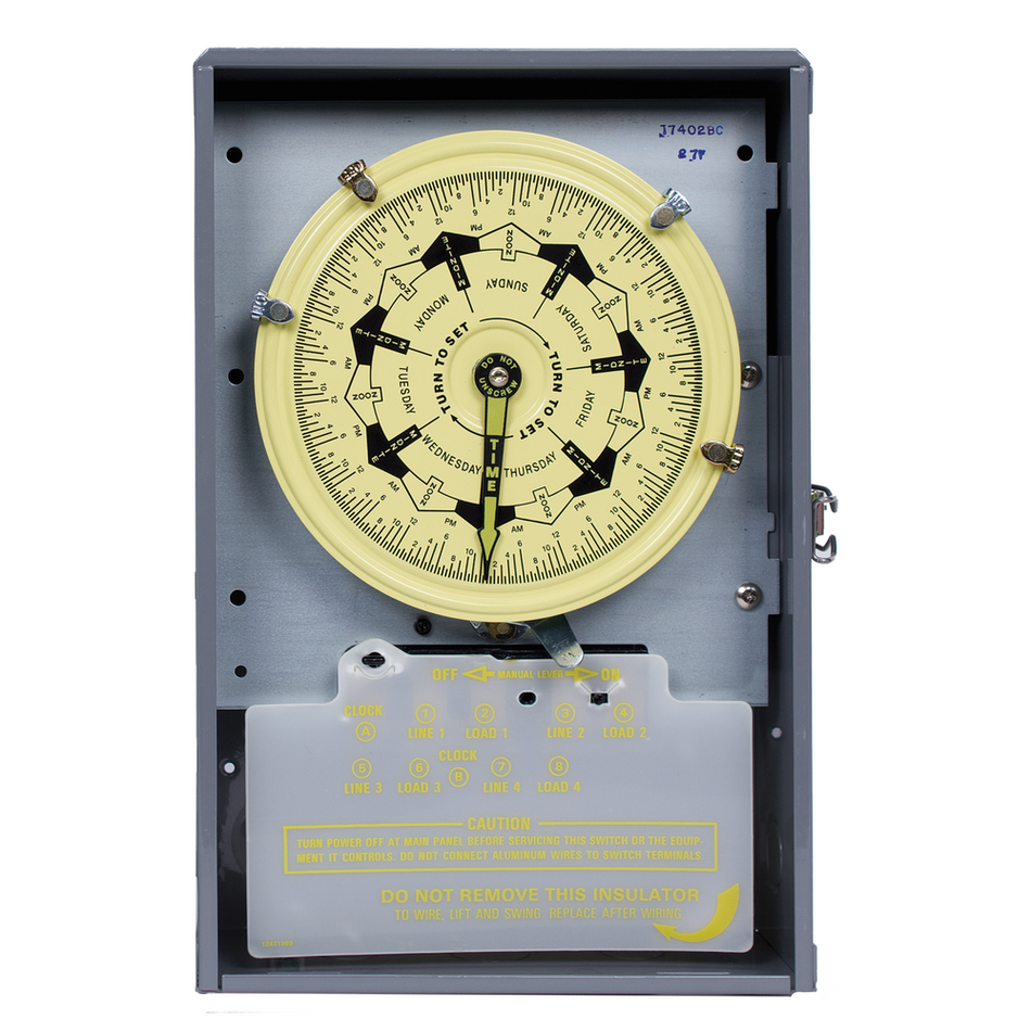 Intermatic T7402BC, 7-Day Mechanical Time Switch, 208-277 VAC, 60Hz, 4-SPST, Indoor Metal Enclosure, 3.5 Hour Interval
