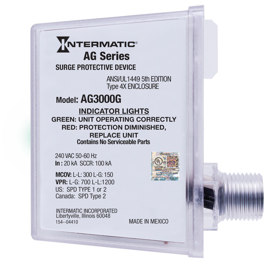 Intermatic AG3000G, Surge Protective Device, 240 VAC 1Ph w/Green Ground Lead, Type 1 or Type 2, Outdoor