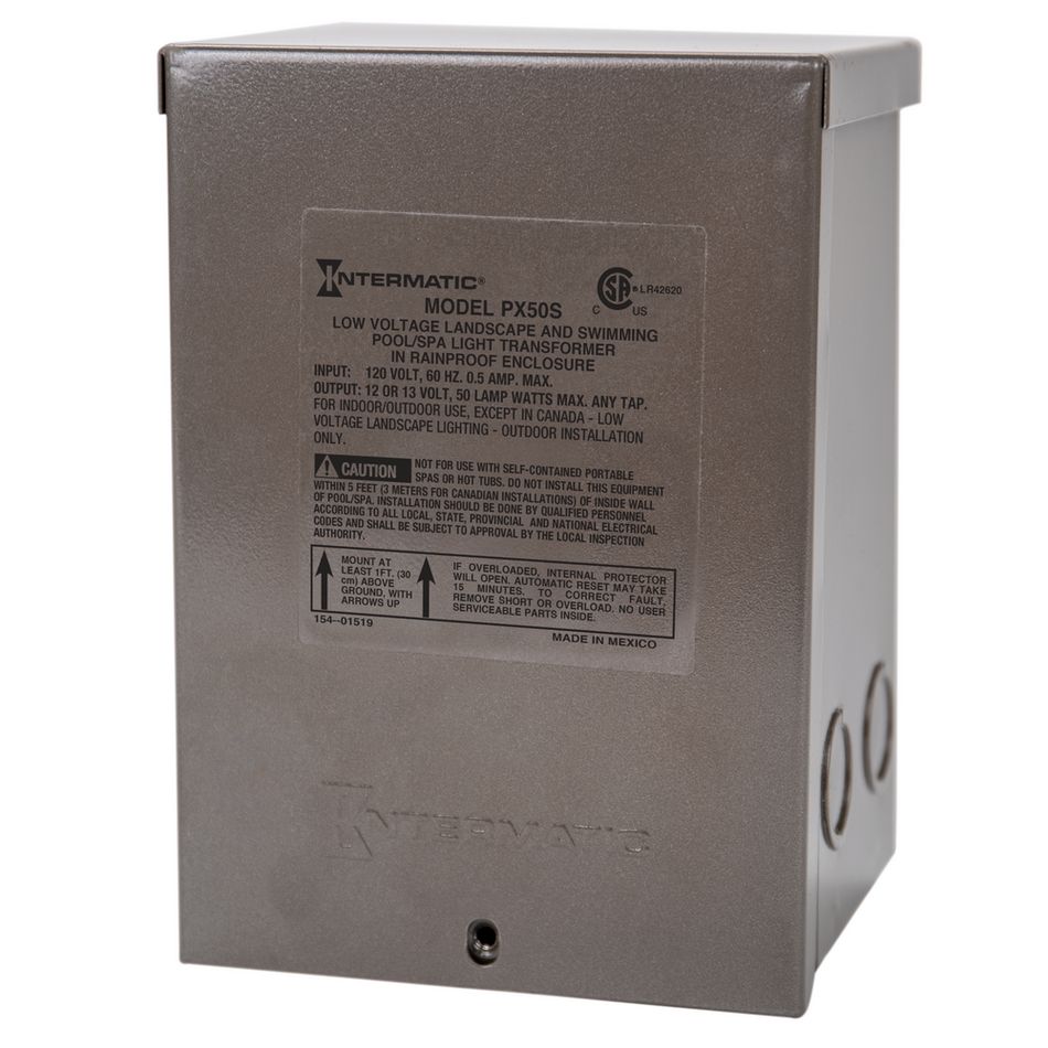 Intermatic PX50S, 50 W Pool & Spa Safety Transformer, Stainless Steel Enclosure, Input 120V, Output 12,13,14 V