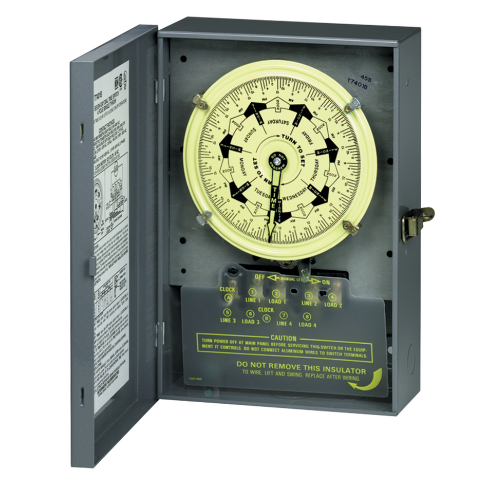 Intermatic T7802B, 7-Day Mechanical Time Switch, 208-277 VAC, 60Hz, 2 NO/2 NC, Indoor Metal Enclosure, 3.5 Hour Interval
